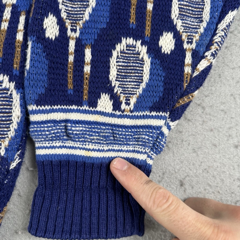 Vintage Tennis Sweater Men's Medium Blue AOP Racket V Neck Knit Pullover - Picture 3 of 16